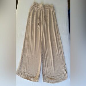 Beige Wide Leg Pants Medium Boho Lounge Beach Flowy Viscose Elastic Waist